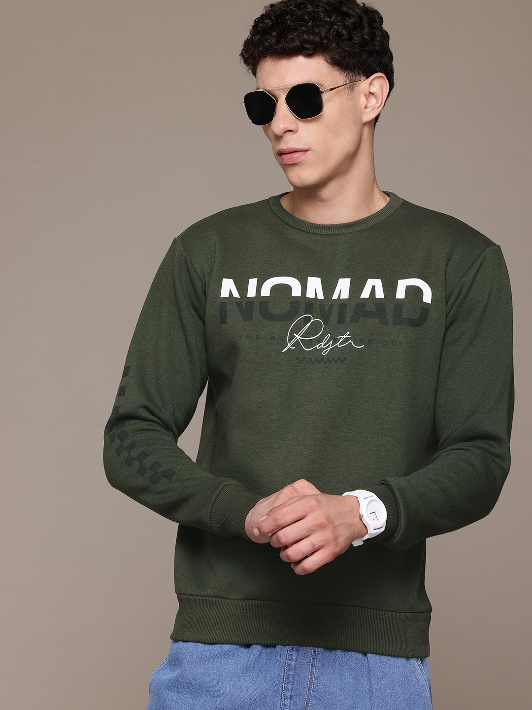 

Roadster Men Printed Fleece Sweatshirt, Olive