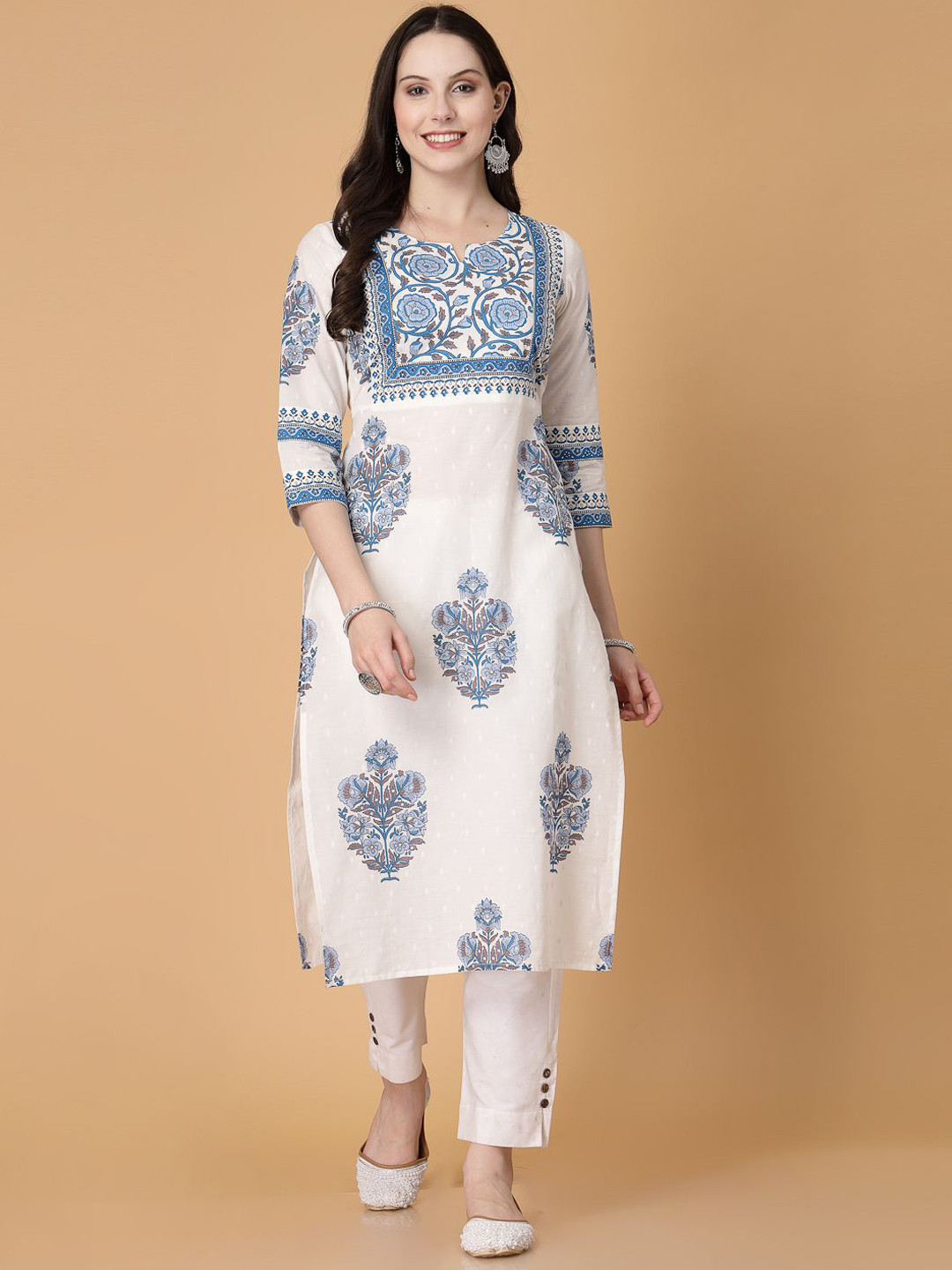 

God Bless Floral Printed Notch Neck Pure Cotton Straight Kurta, White