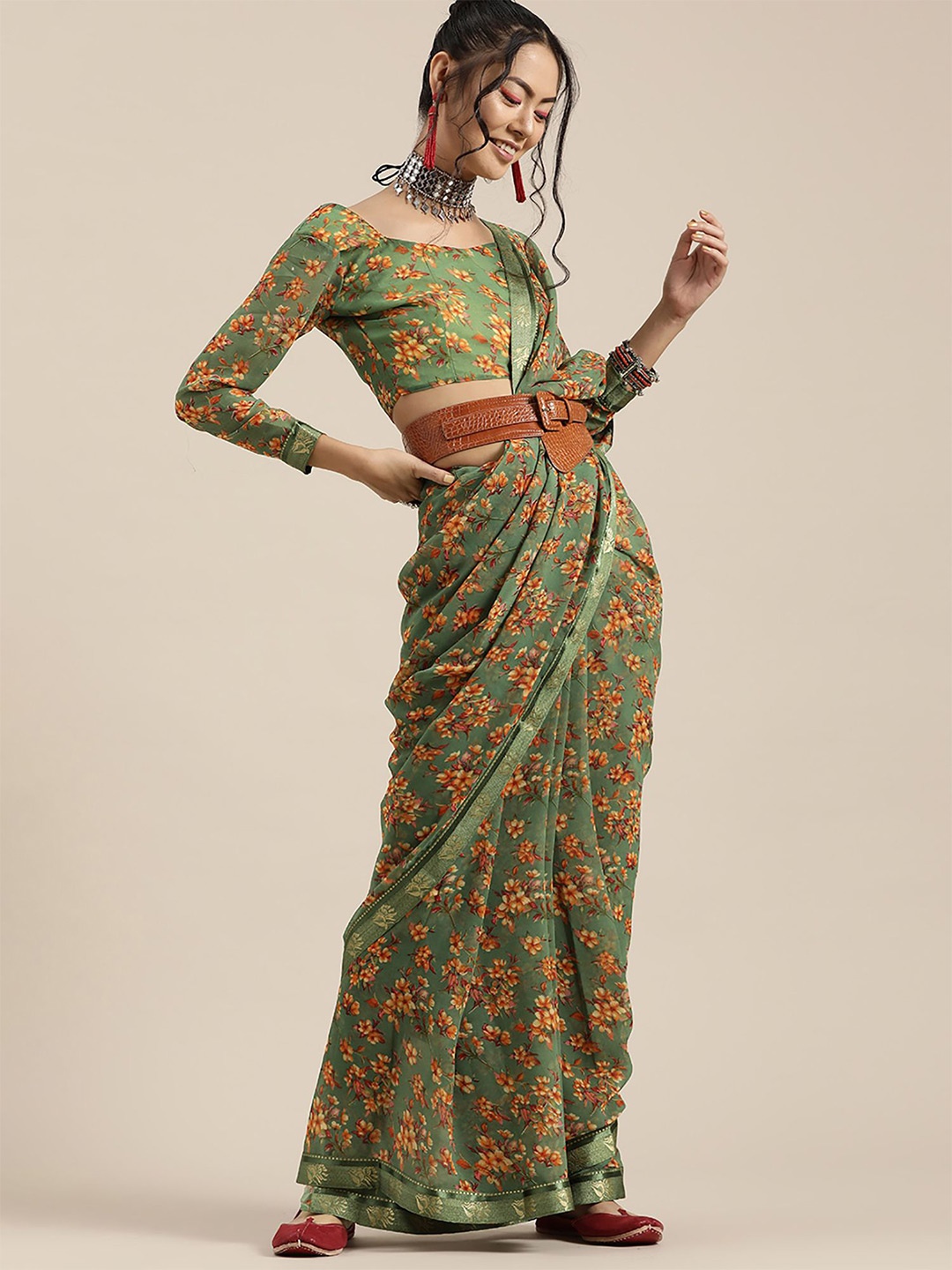 Anouk Rustic Floral Printed Saree, Green