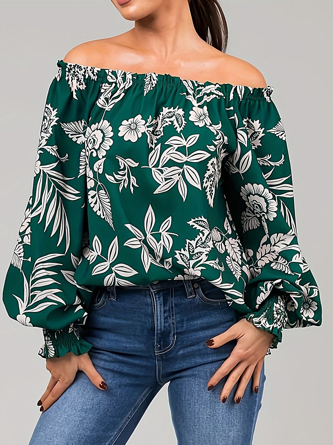 

LULU & SKY Floral Printed Off-Shoulder Puff Sleeve Top, Green