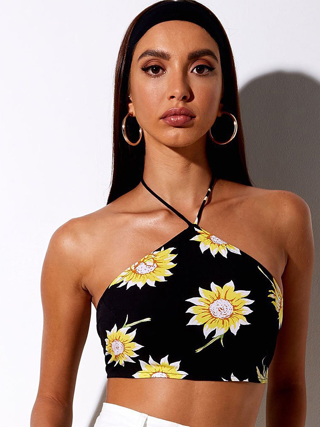 

LULU & SKY Floral Printed Halter Neck Crop Top, Black