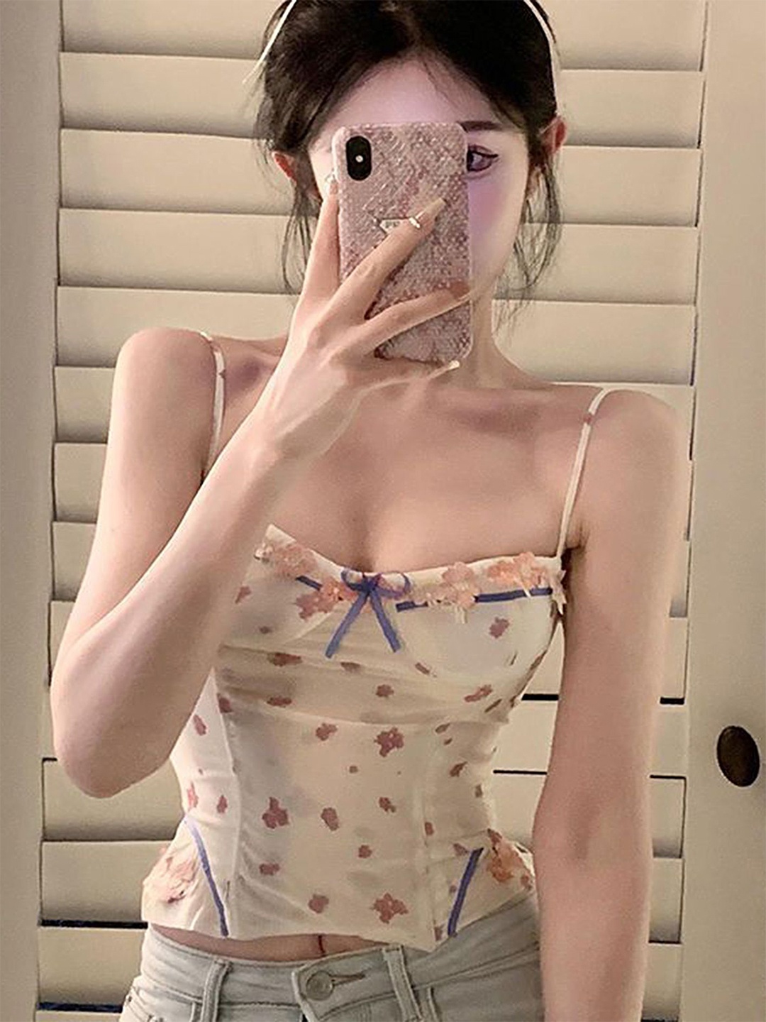 

LULU & SKY Floral Printed Shoulder Straps Top, Beige