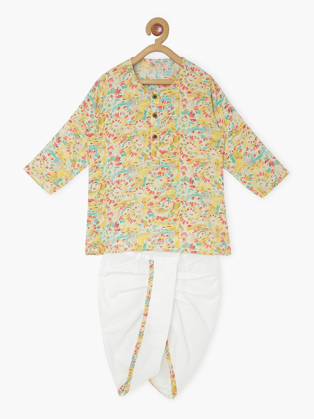 

CHAYIM Boys Floral Printed Regular Straight Kurta With Dhoti Pants, Yellow