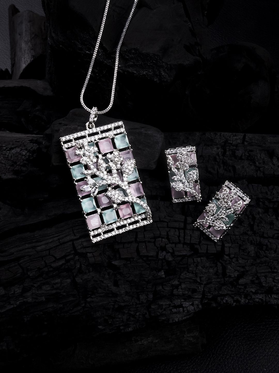

StileAdda Silver-Plated American Diamond Studded Big Square Necklace and Earrings