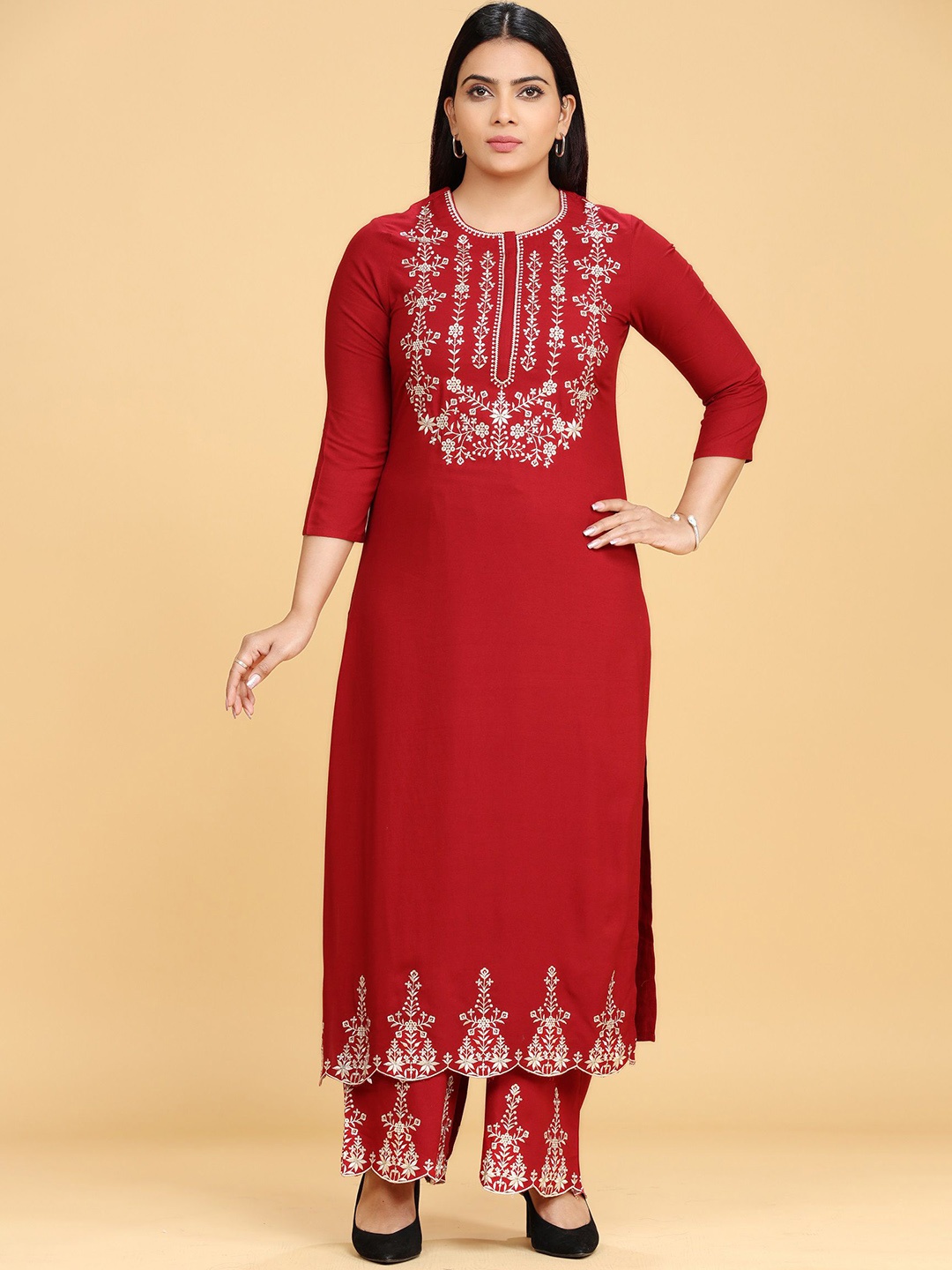 

COTTON CULTURE Floral Embroidered Straight Kurta With Palazzos, Maroon