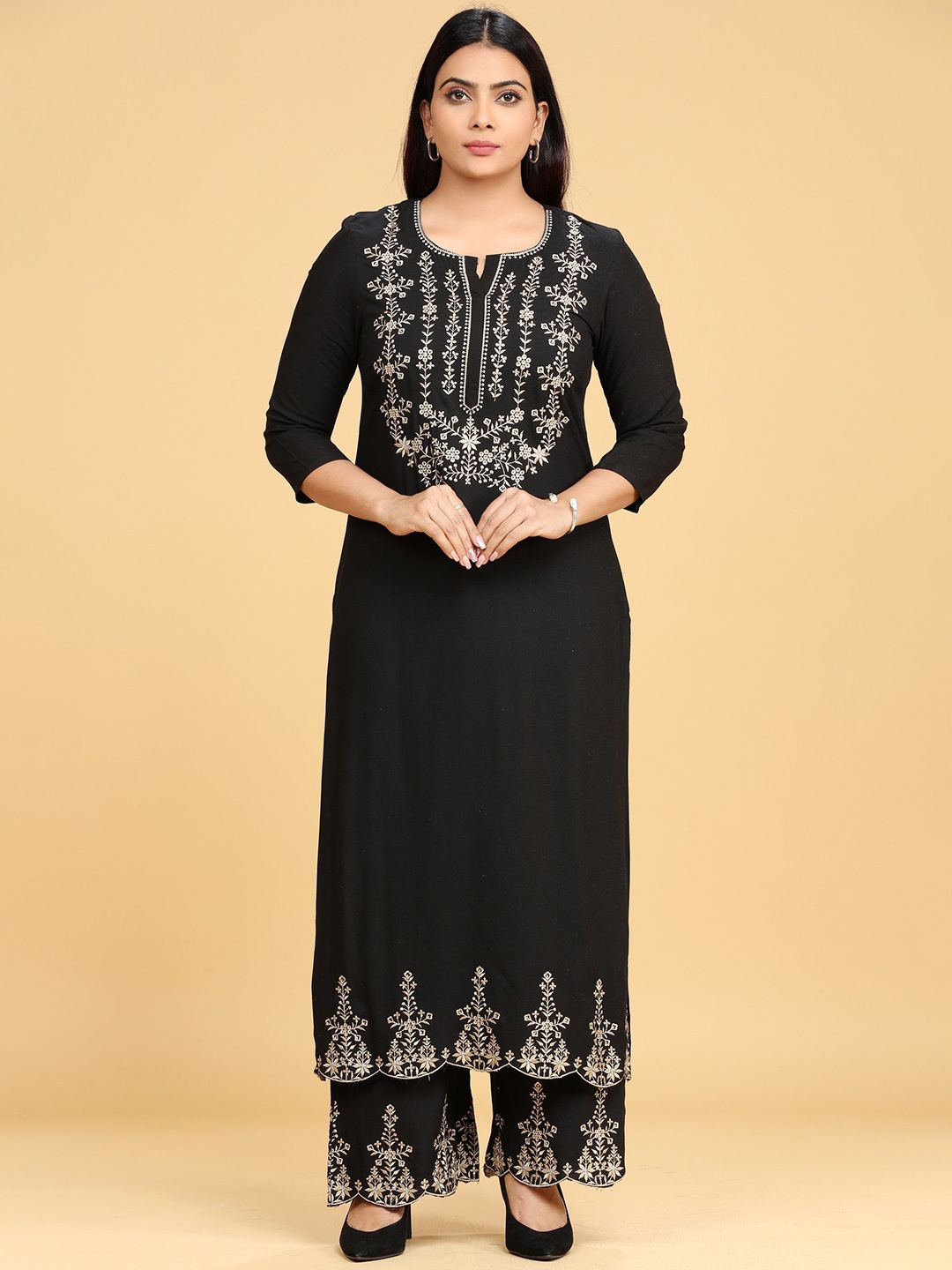 

COTTON CULTURE Floral Yoke Design Notched Round Neck Thread Work Kurta with Palazzos, Black