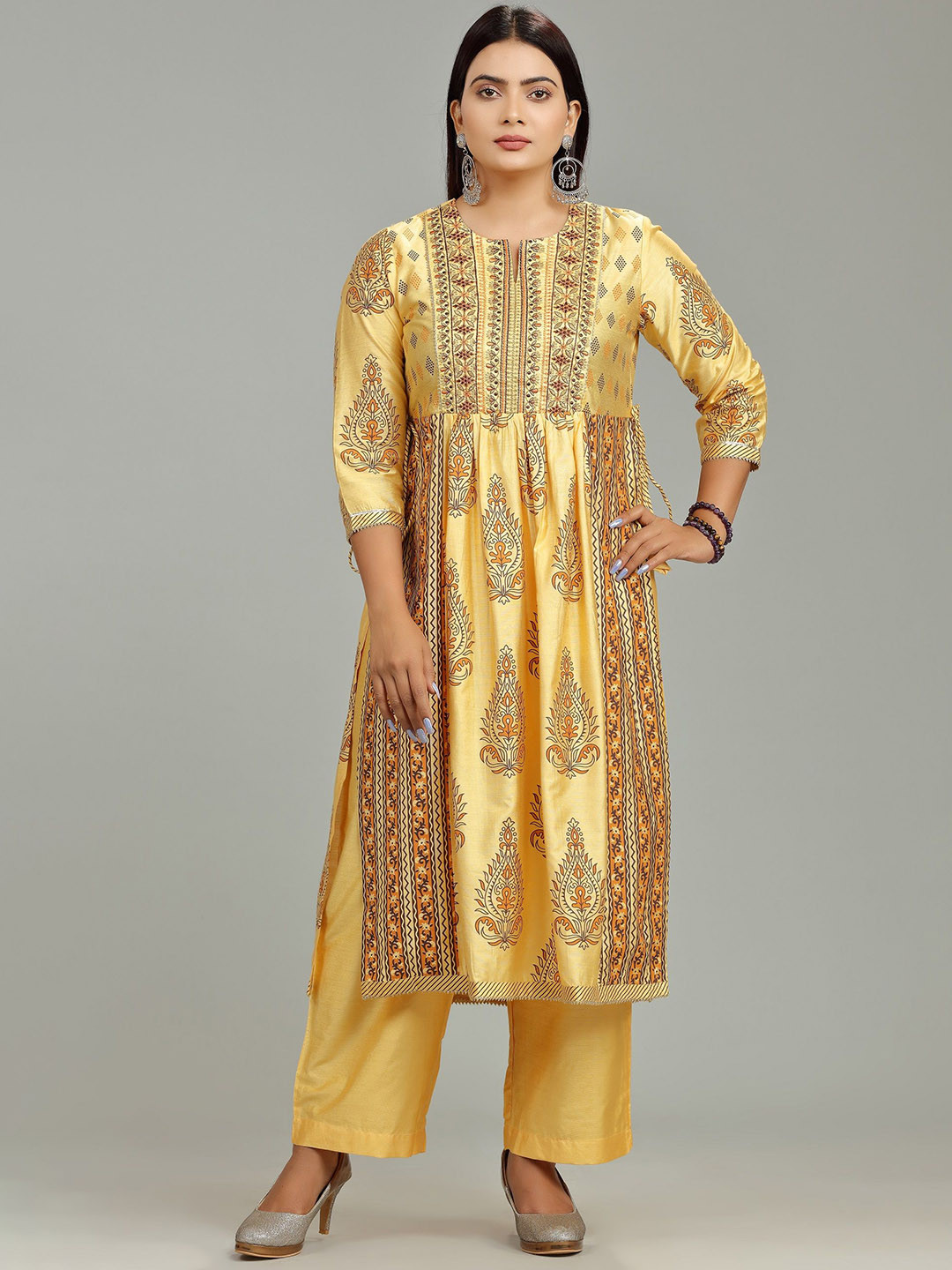 

COTTON CULTURE Floral Embroidered Pure Silk A-Line Kurta With Palazzos, Yellow
