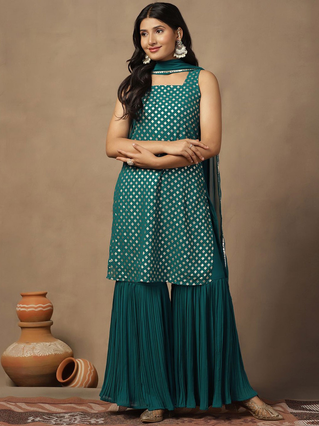 

FASHION DREAM Ethnic Motifs Printed Georgette Straight Kurta with Sharara & Dupatta, Green