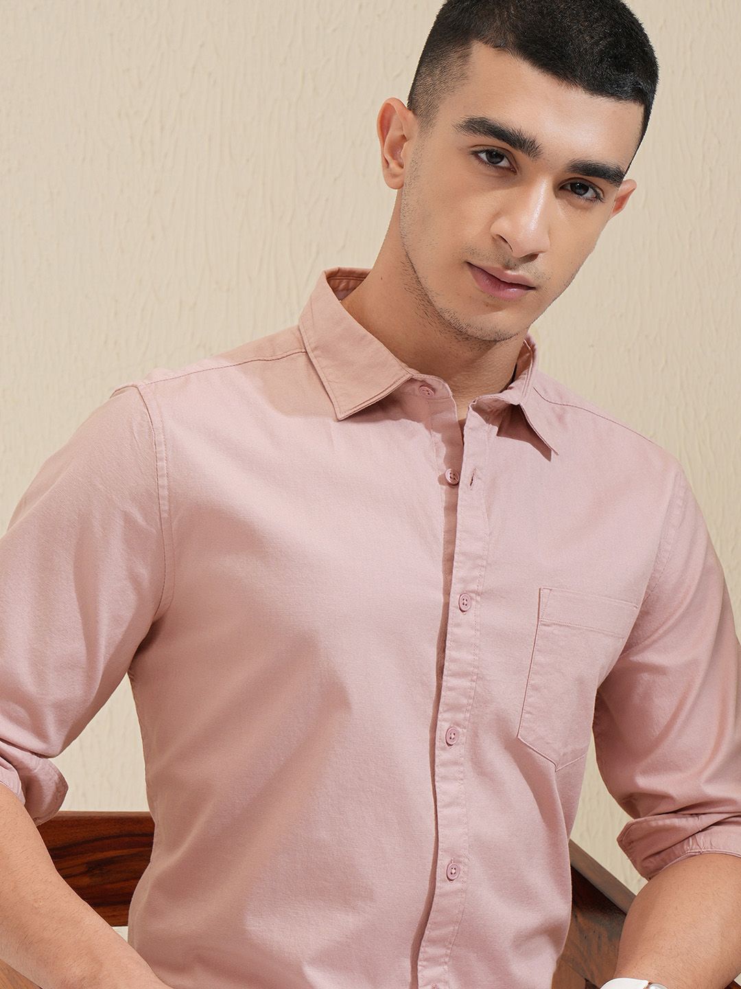 

HIGHLANDER Men Spread Collar Solid Cotton Casual Shirt, Rose