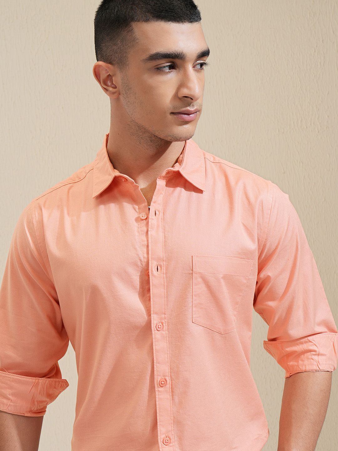 

HIGHLANDER Men Spread Collar Solid Cotton Casual Shirt, Orange