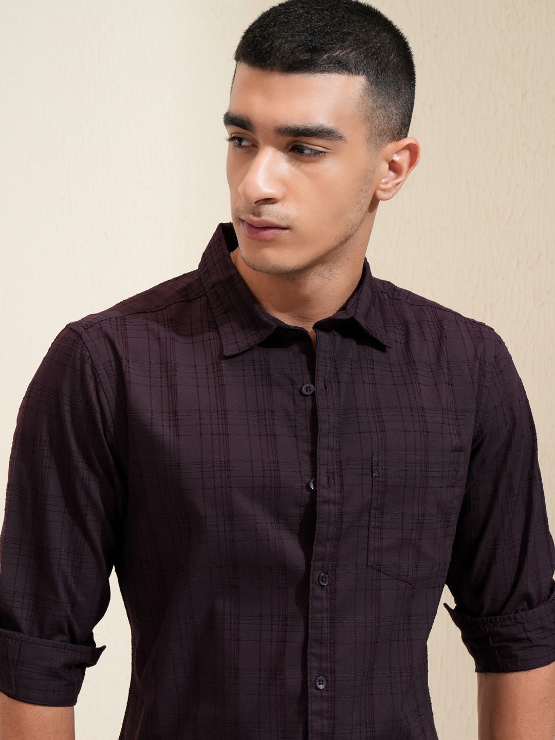 

HIGHLANDER Men Spread Collar Tartan Checks Cotton Casual Shirt, Purple