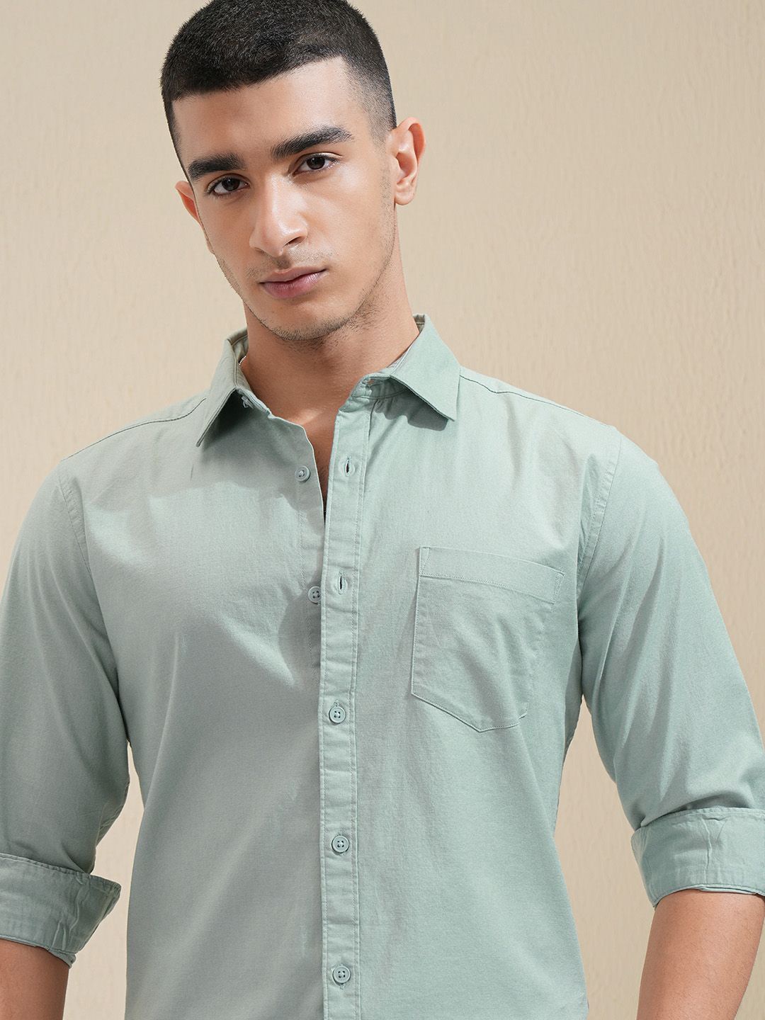 

HIGHLANDER Men Spread Collar Solid Cotton Casual Shirt, Sea green