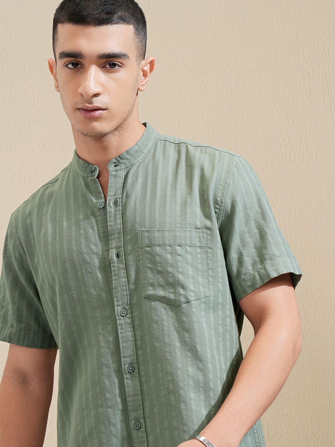 

HIGHLANDER Men Mandarin Collar Striped Cotton Casual Shirt, Olive