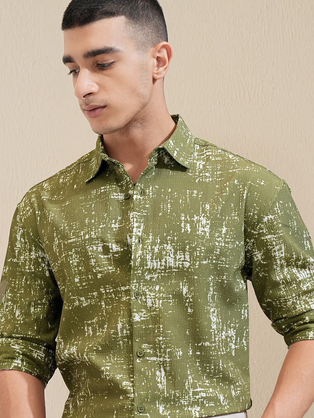 

HIGHLANDER Men Abstract Printed Opaque Casual Shirt, Olive