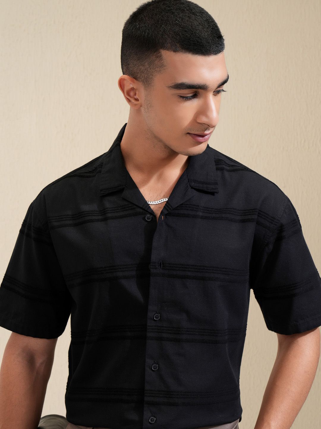 

HIGHLANDER Men Cuban Collar Horizontal Stripes Solid Cotton Relaxed Fit Casual Shirt, Black