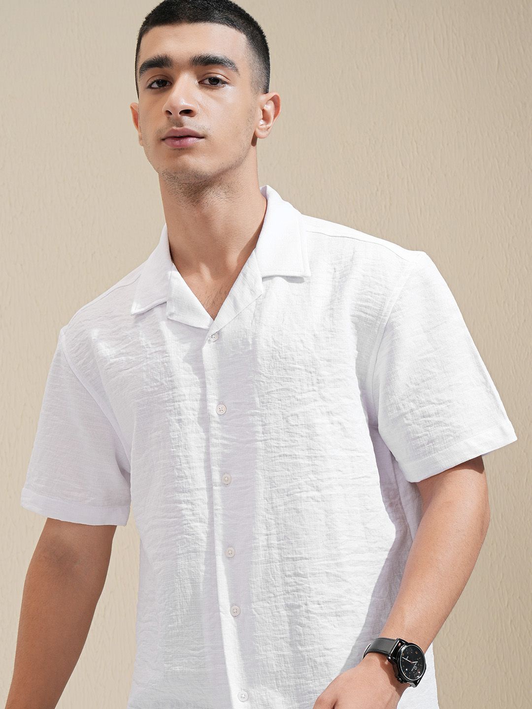 

HIGHLANDER Men Cuban Collar Solid Cotton Relaxed Fit Casual Shirt, White