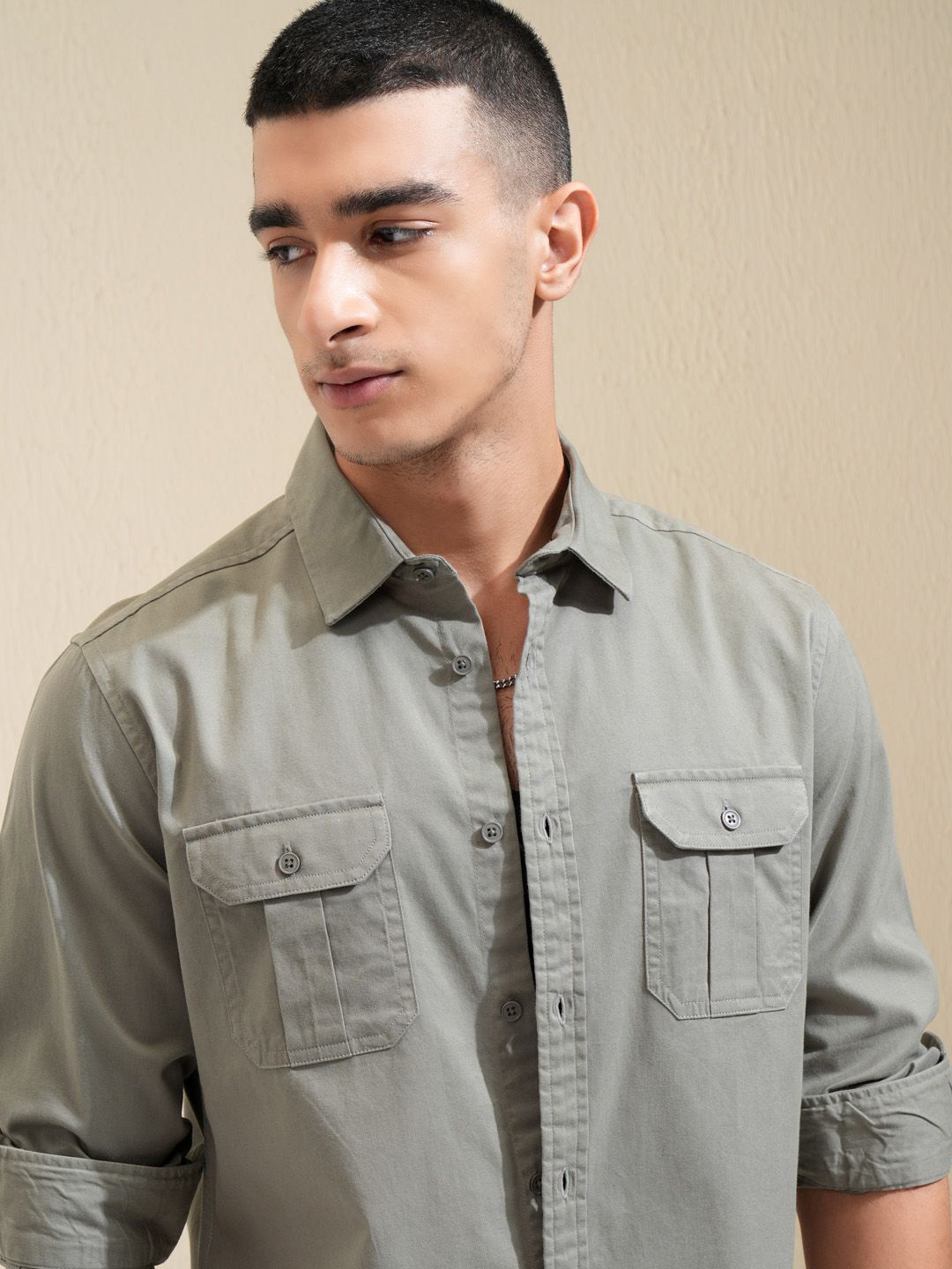 

KETCH Men Spread Collar Solid Cotton Slim Fit Casual Shirt, Olive
