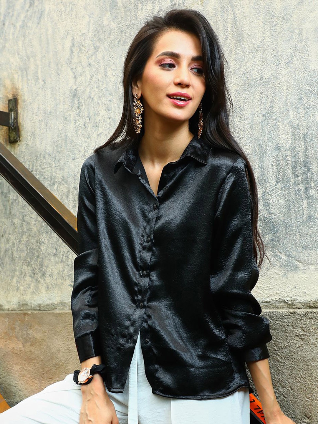 

PINACOLADA Women Relaxed Spread Collar Solid Satin Boxy Casual Shirt, Black