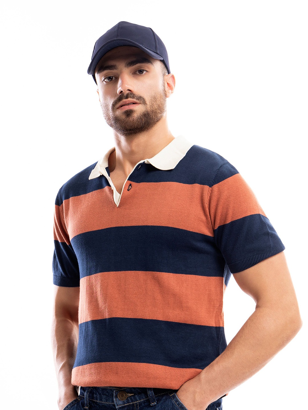 

Beyoung Men Striped Polo Collar Cotton T-shirt, Blue