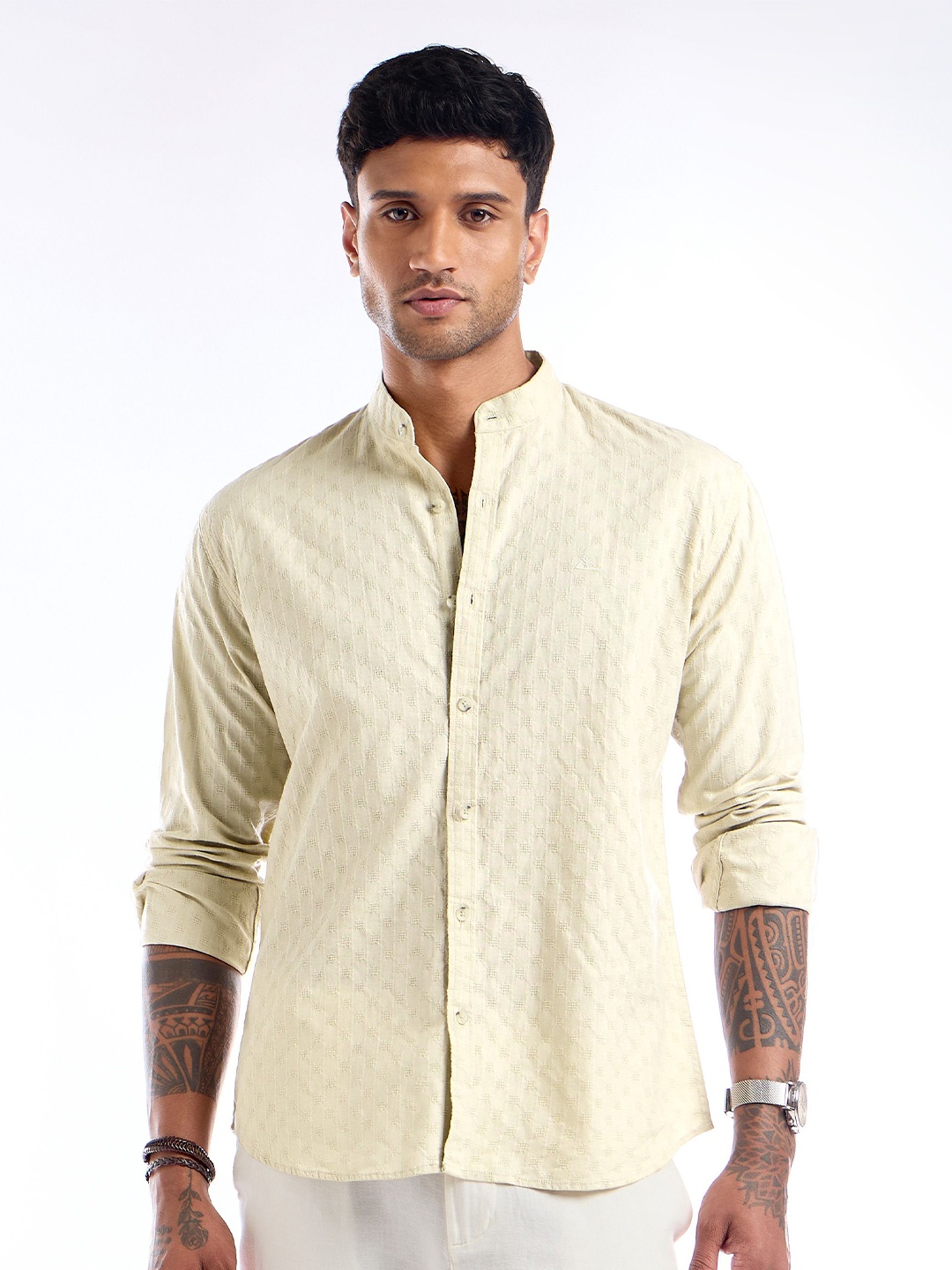 

Beyoung Men Classic Mandarin Collar Textured Self Design Cotton Casual Shirt, Cream
