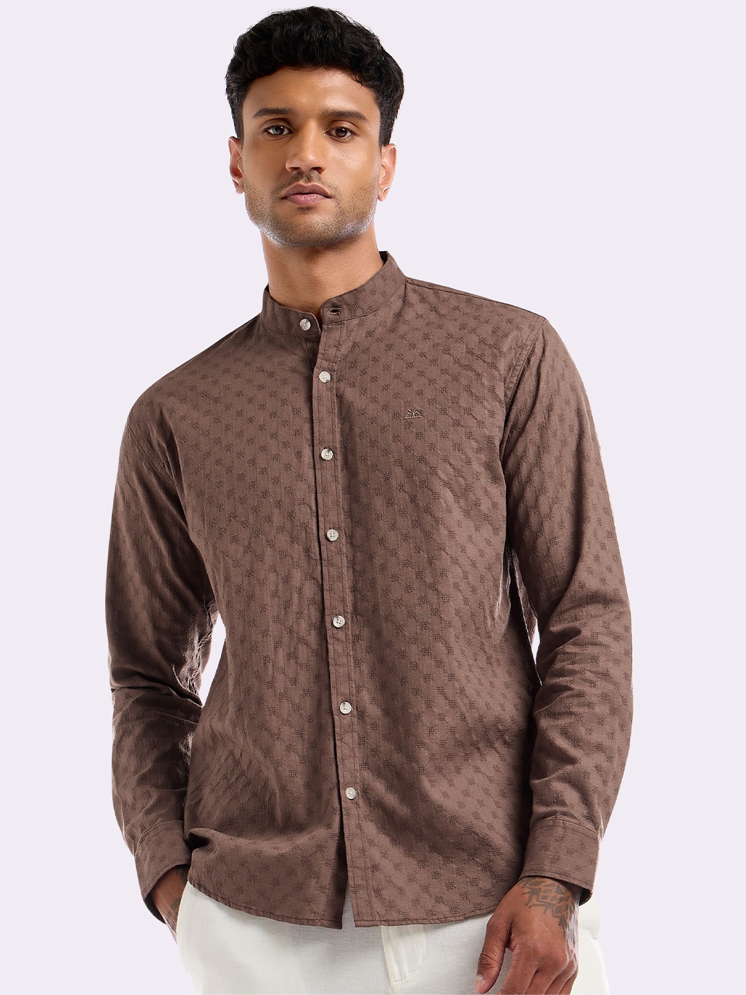 

Beyoung Men Classic Mandarin Collar Textured Self Design Cotton Casual Shirt, Brown