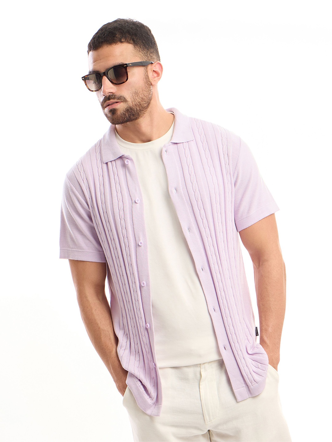 

Beyoung Men Classic Spread Collar Solid Self Design Cotton Casual Shirt, Purple