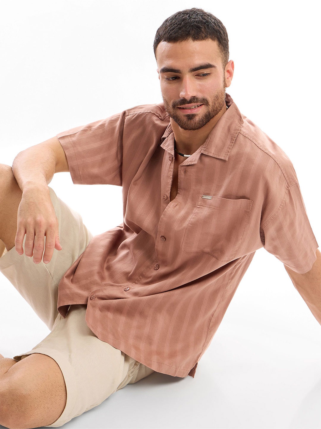 

Beyoung Men Classic Spread Collar Vertical Striped Cotton Casual Shirt, Peach