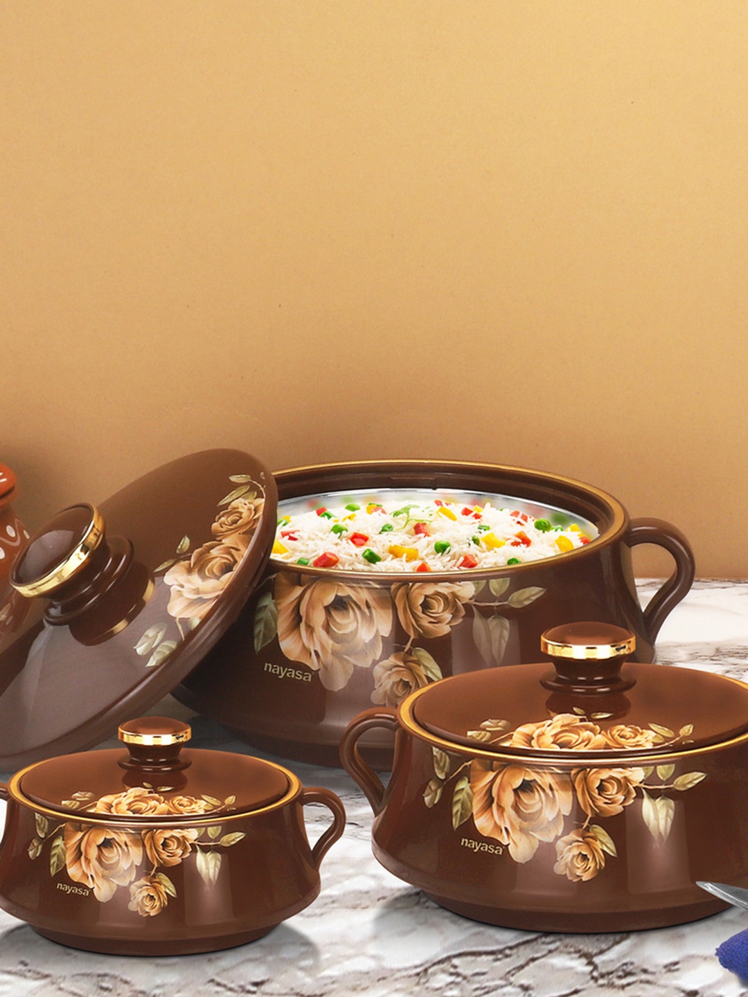 

Nayasa Lorenzo Casserole Set Of 3 Brown Insulated Serving Casserole 1, 1.5 & 2 L