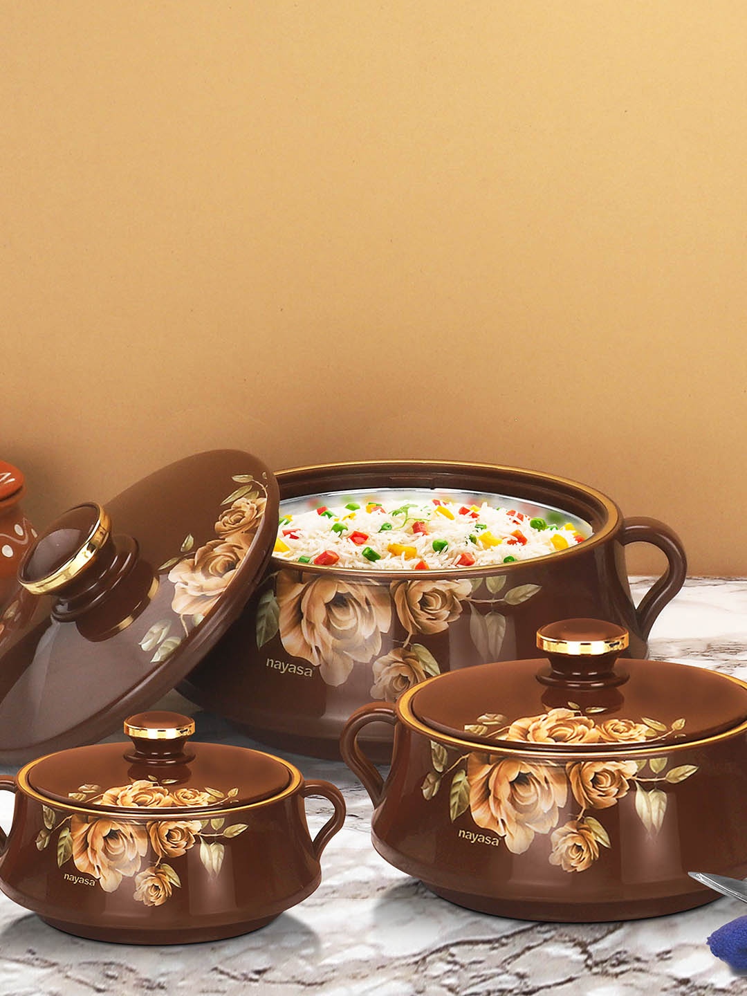 

Nayasa Lorenzo Casserole Set Of 3 Brown Insulated Serving Casserole