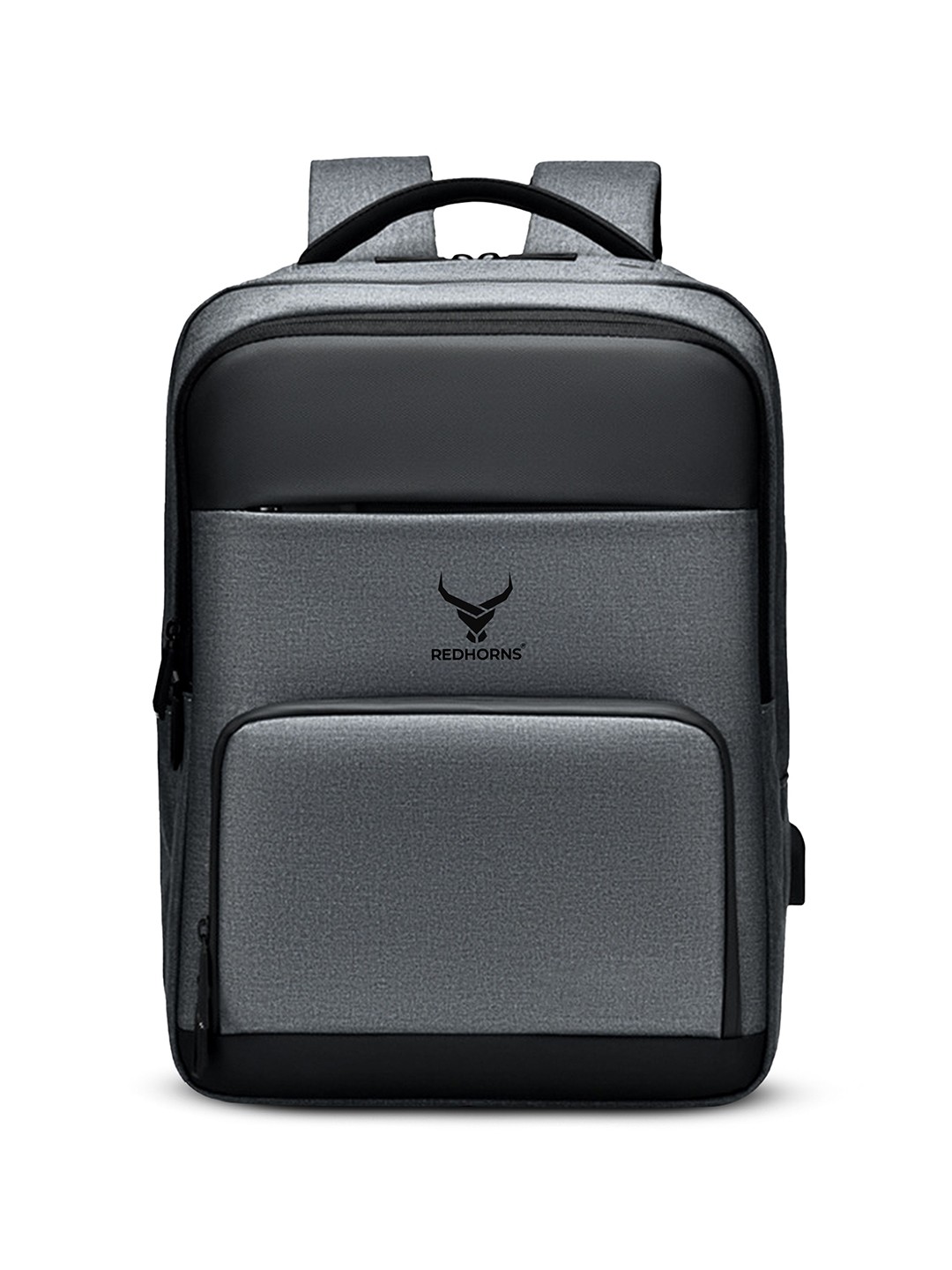 

REDHORNS Unisex Brand Logo Backpack with USB Charging Port, Grey