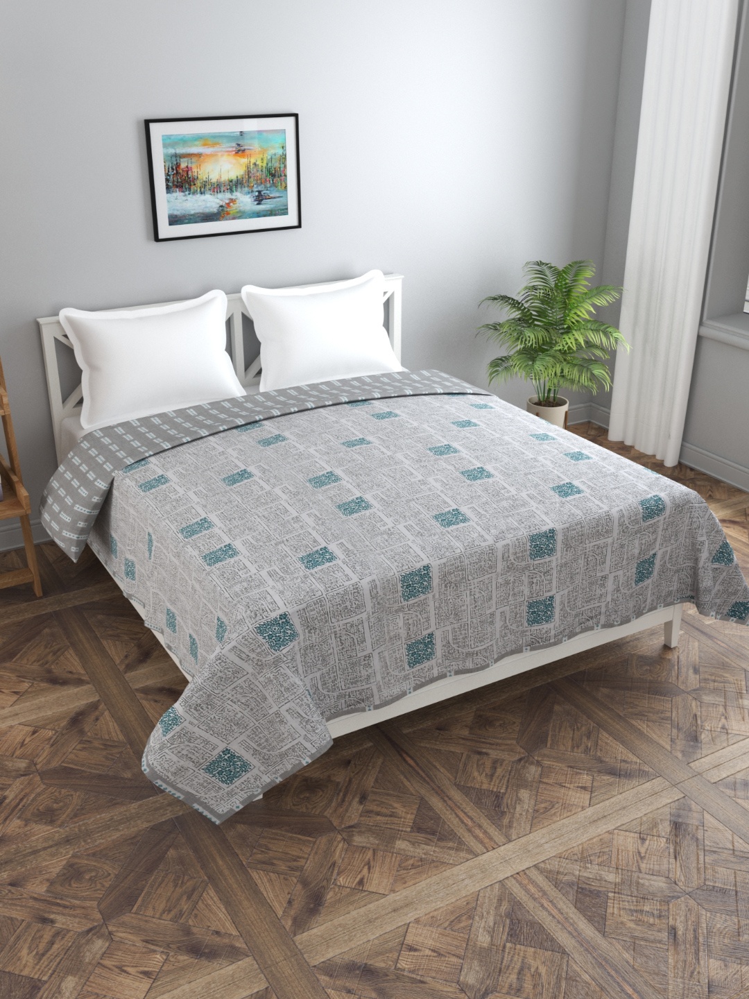 

Florida Fiva Grey & Green Geometric Cotton Reversible AC Room 200 GSM Double Bed Dohar