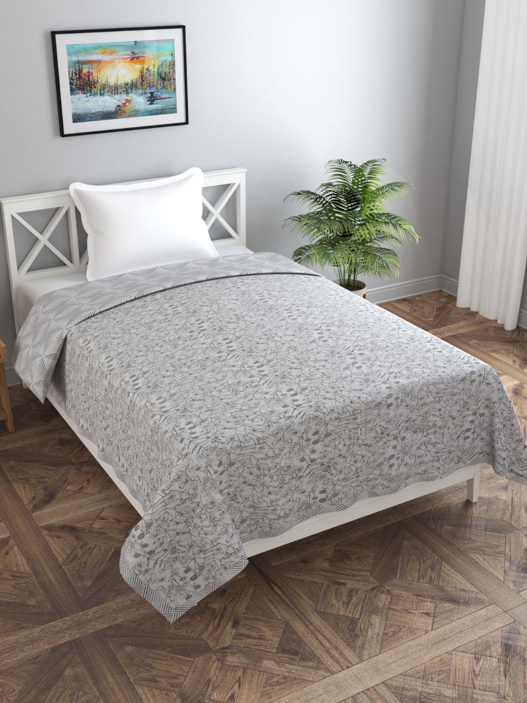 

Florida Fiva Off White & Grey Floral Cotton AC Room 200 GSM Reversible Single Bed Dohar