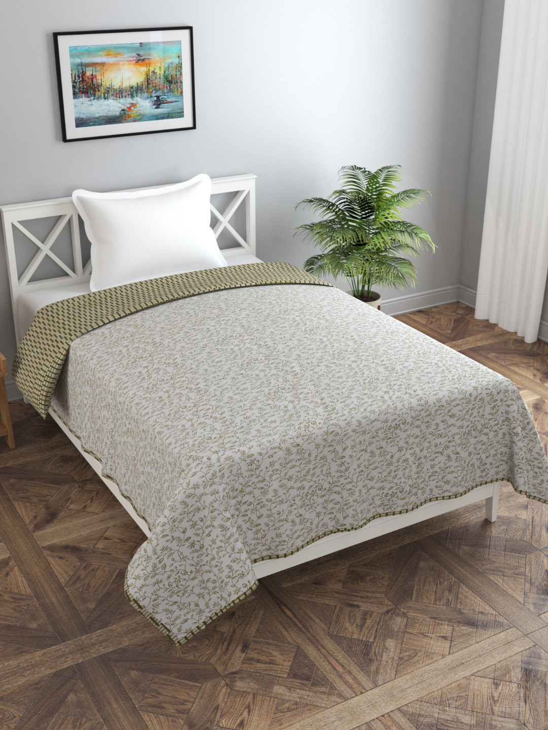 

Florida Fiva Olive Green & White Floral Printed 200 GSM Cotton Reversible Single Bed Dohar