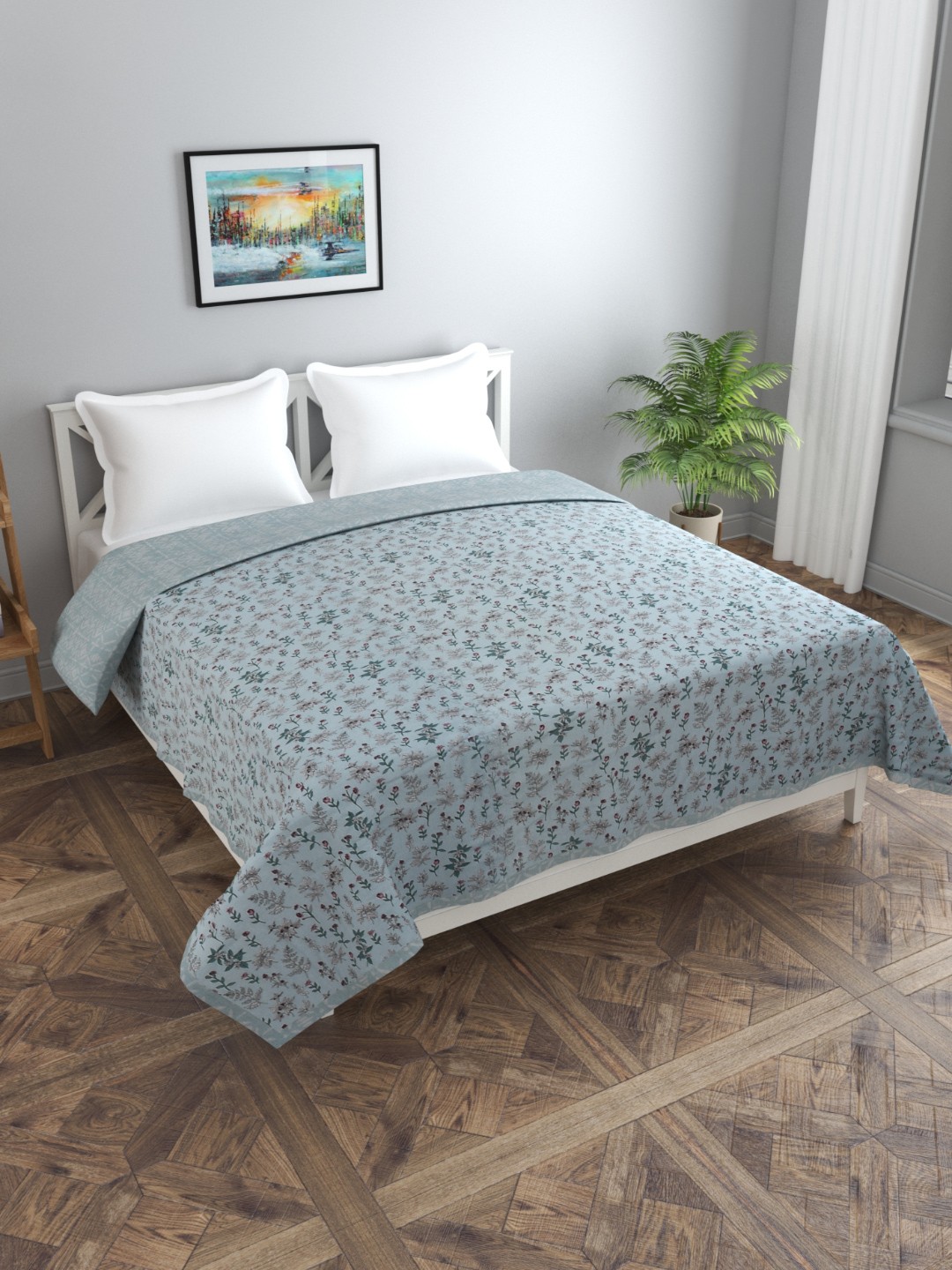Florida Fiva Sea Green & Red Floral Cotton 200 GSM AC Room Reversible Double Bed Dohar