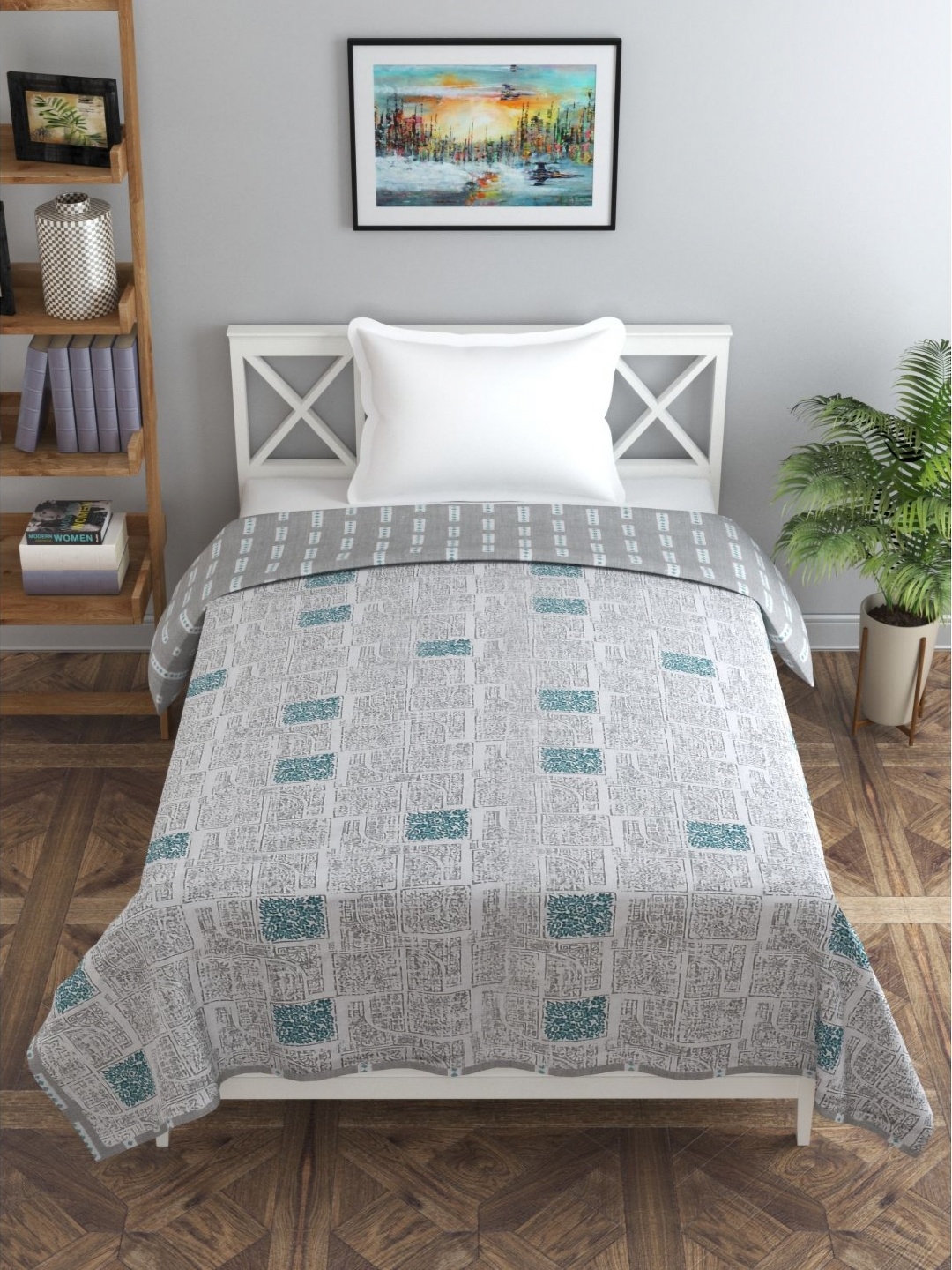 

Florida Fiva Grey & Blue Ethnic Motifs Cotton 200 GSM AC Room Reversible Single Bed Dohar