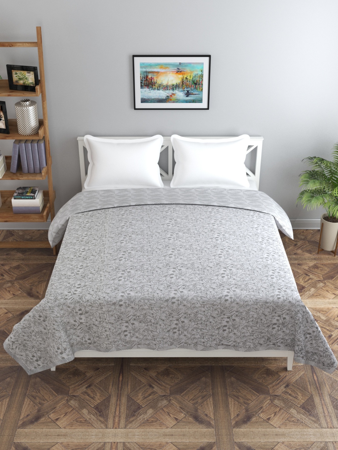 

Florida Fiva Grey Floral Printed Cotton 200 GSM AC Room Reversible Double Bed Dohar
