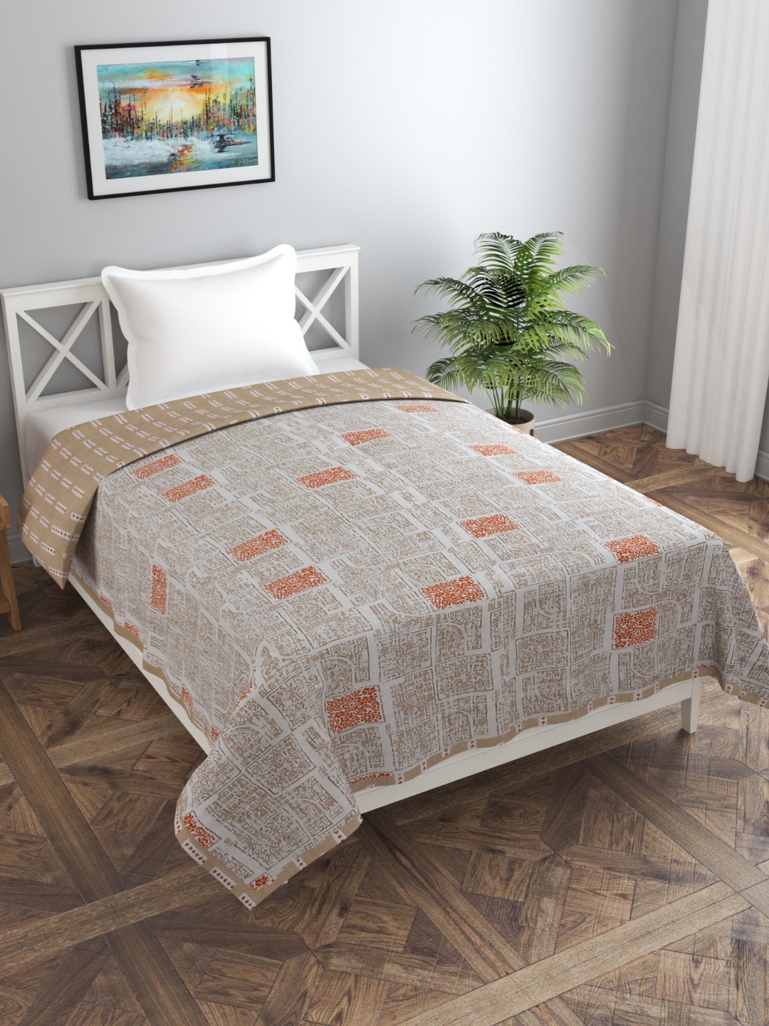 

Florida Fiva Coffee Brown Geometric Printed Cotton 200 GSM Reversible Single Bed Dohar
