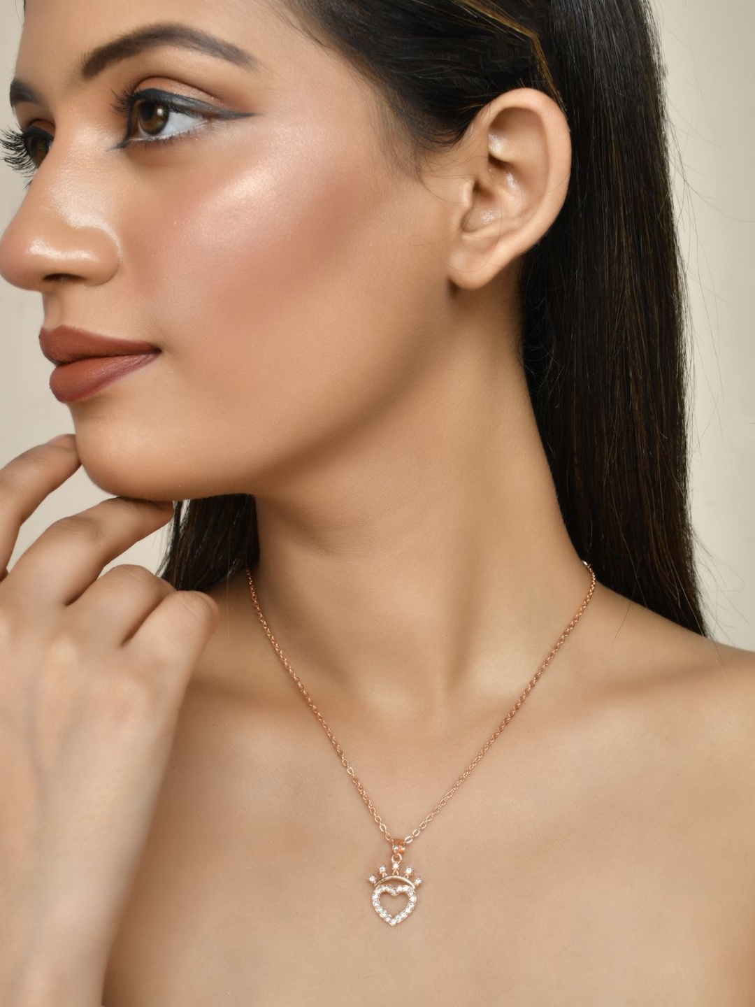 

Silvermerc Designs Rose Gold-Plated Cubic Zirconia Studded Heart Shaped Pendant With Chain