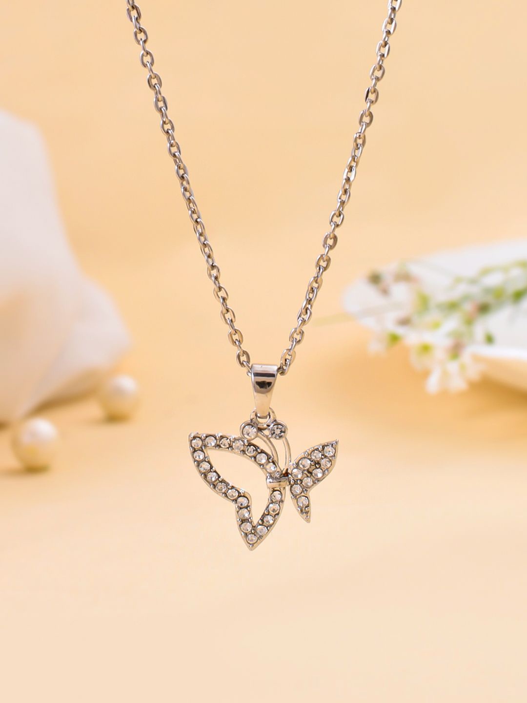 

Silvermerc Designs Silver-Plated Cubic Zirconia Butterfly-Shaped Pendant With Chain