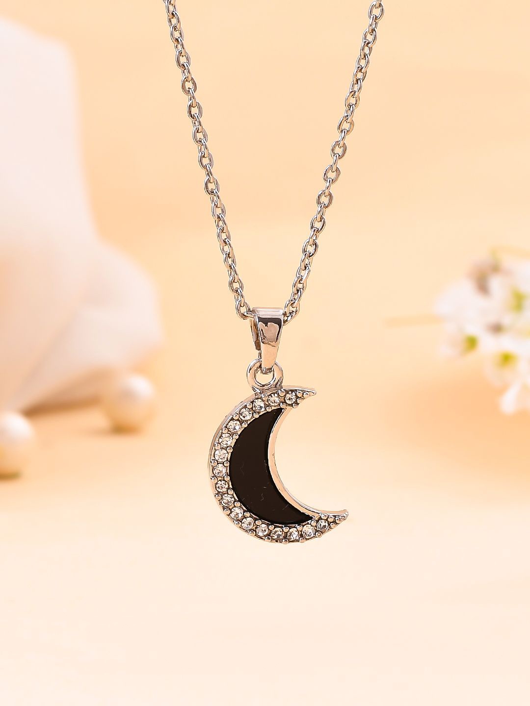 

Silvermerc Designs Silver-Plated Cubic zirconia Studded Moon Pendant with Chain