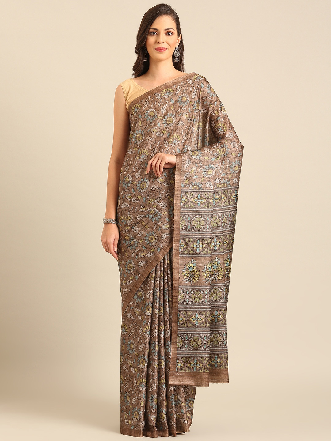 

SANGAM PRINTS Floral Printed Saree, Brown