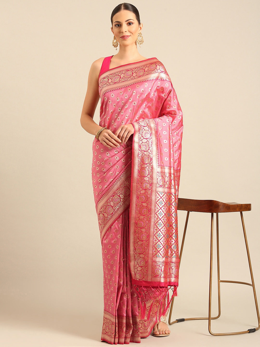 

SANGAM PRINTS Ethnic Motifs Zari Banarasi Saree, Pink