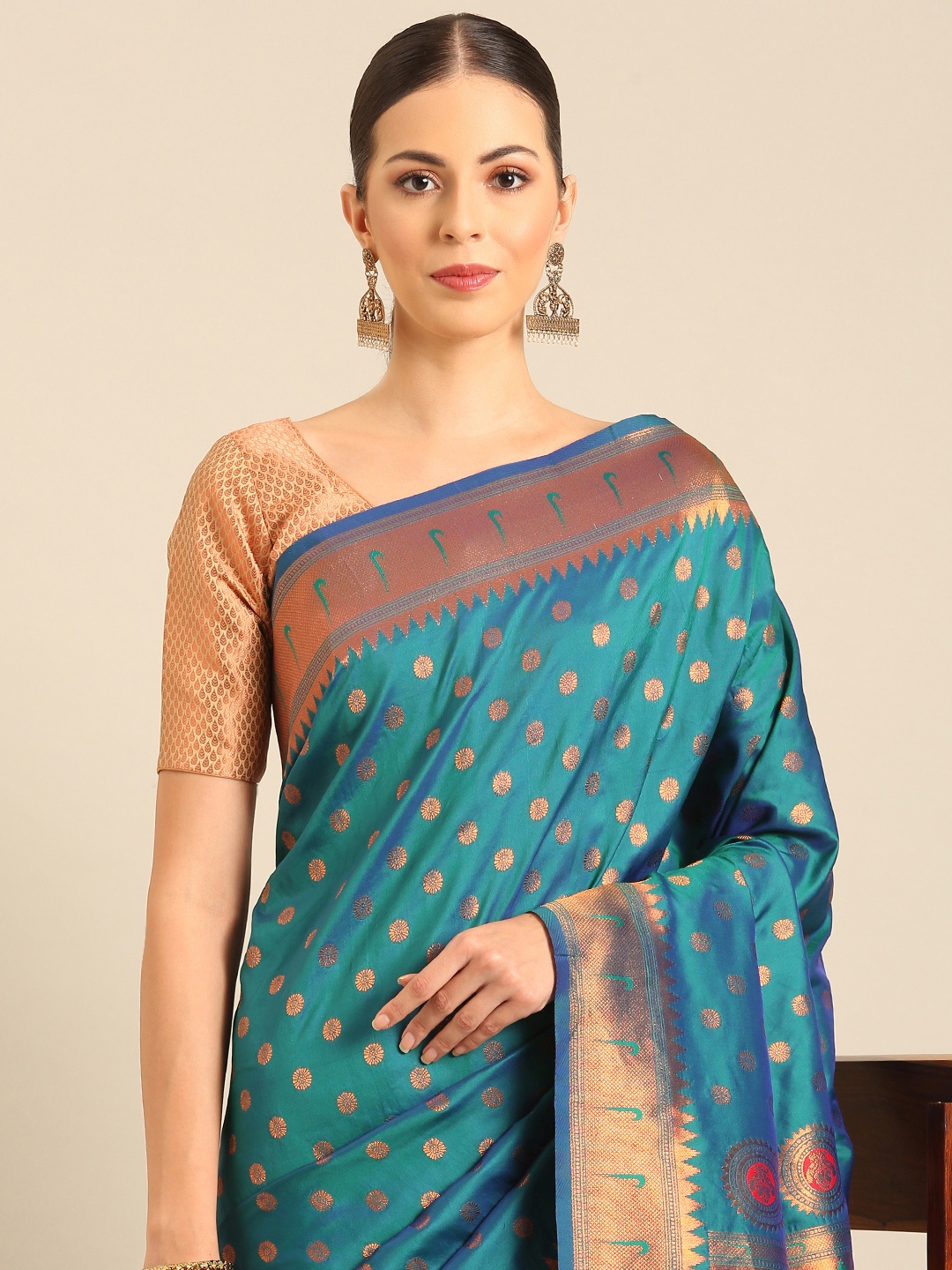 

SANGAM PRINTS Woven Design Zari Paithani Saree, Turquoise blue