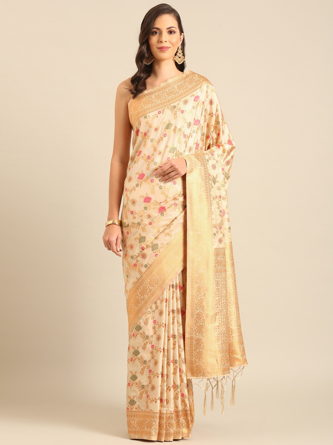 

SANGAM PRINTS Woven Design Banarasi Saree, Cream