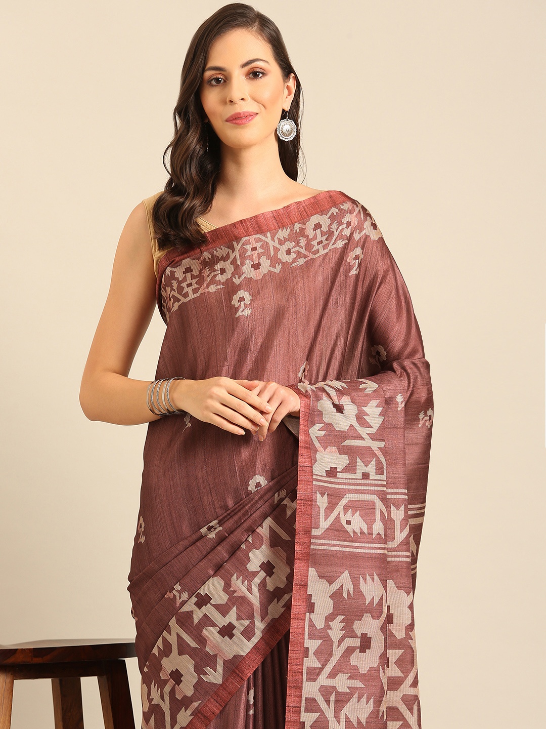 

SANGAM PRINTS Geometric Printed Saree, Burgundy