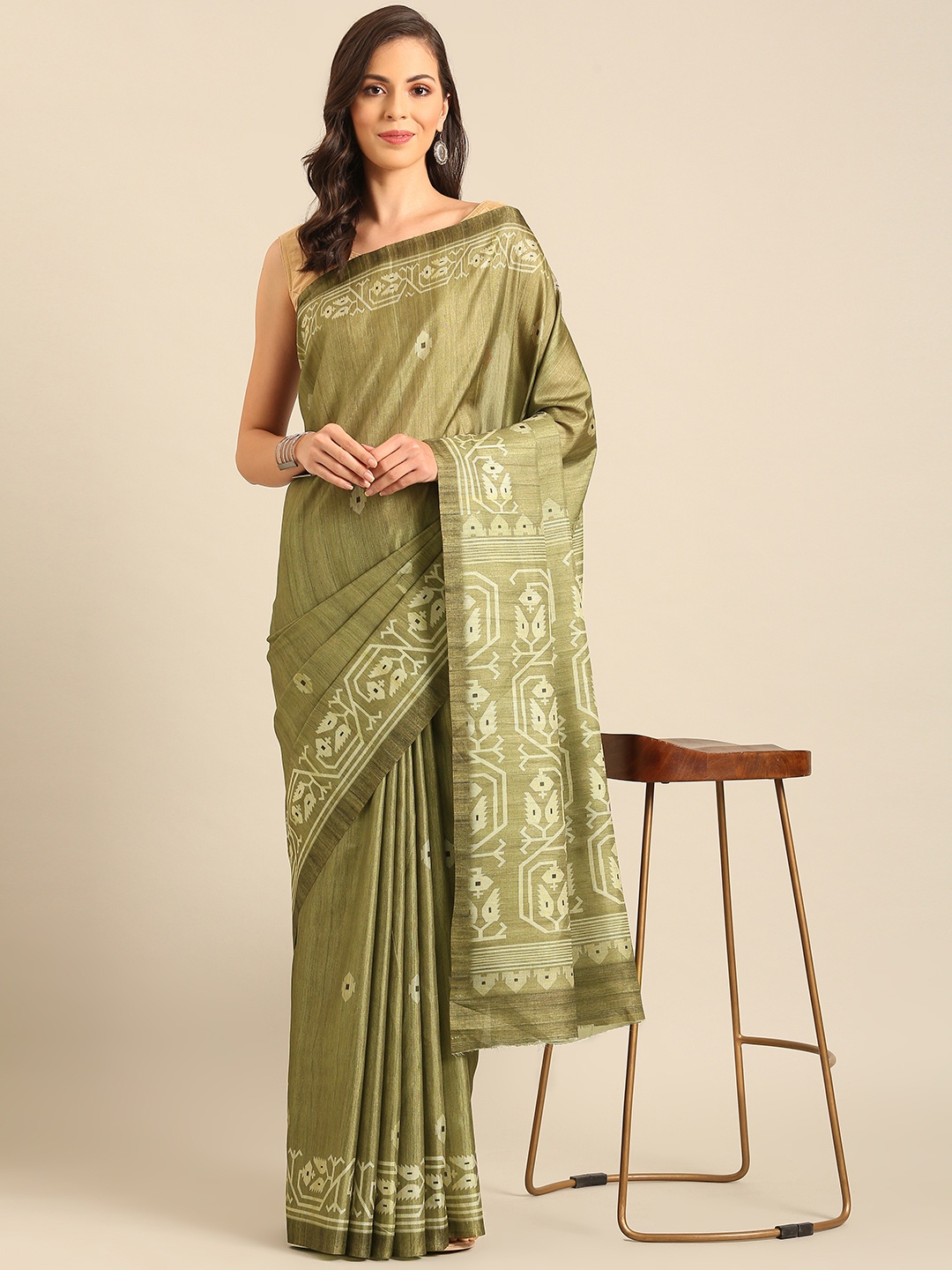 

SANGAM PRINTS Geometric Printed Saree, Olive