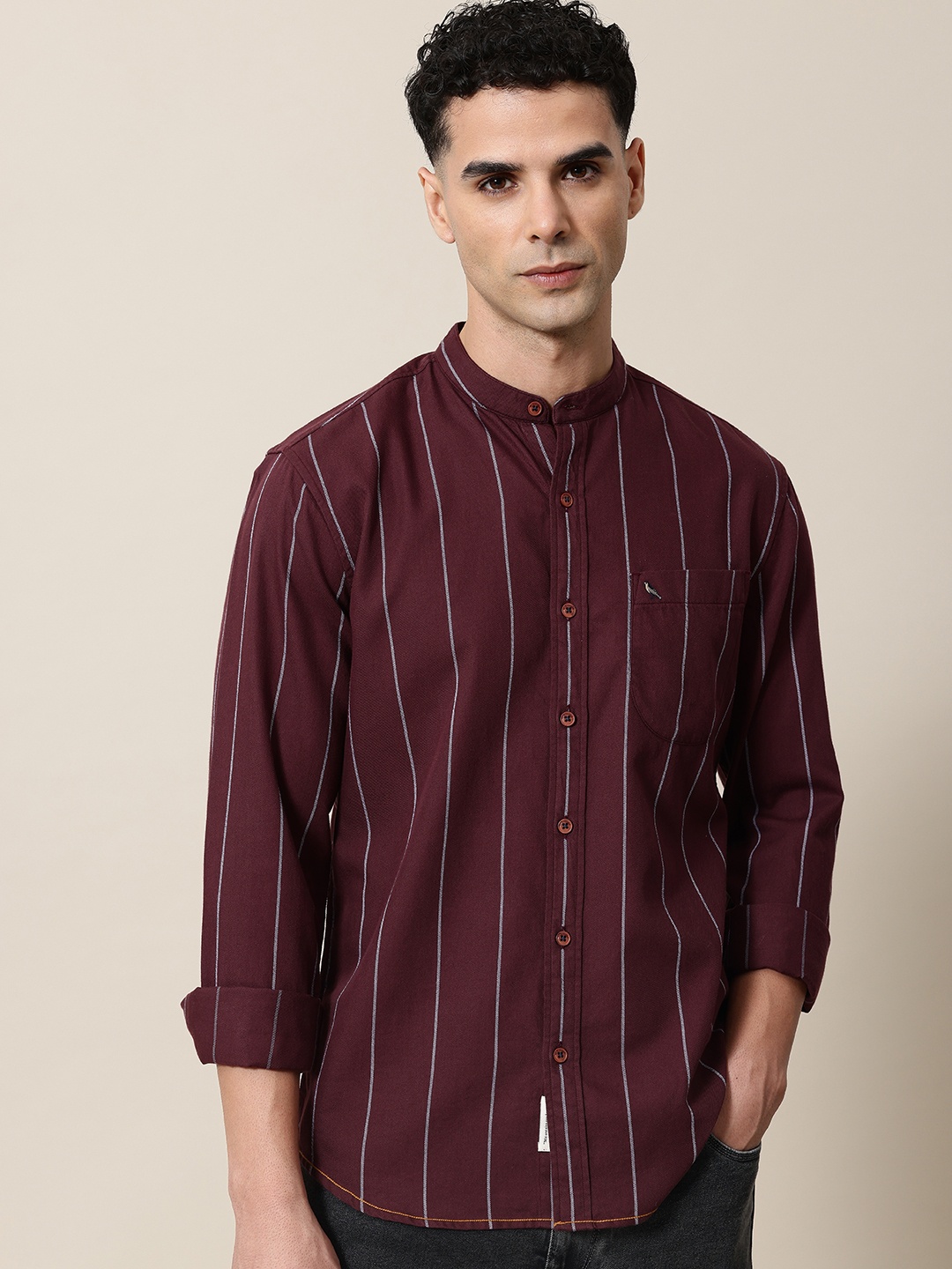 

Mr Bowerbird Men Premium Tailored Fit Striped Pure Cotton Casual Shirt, Maroon
