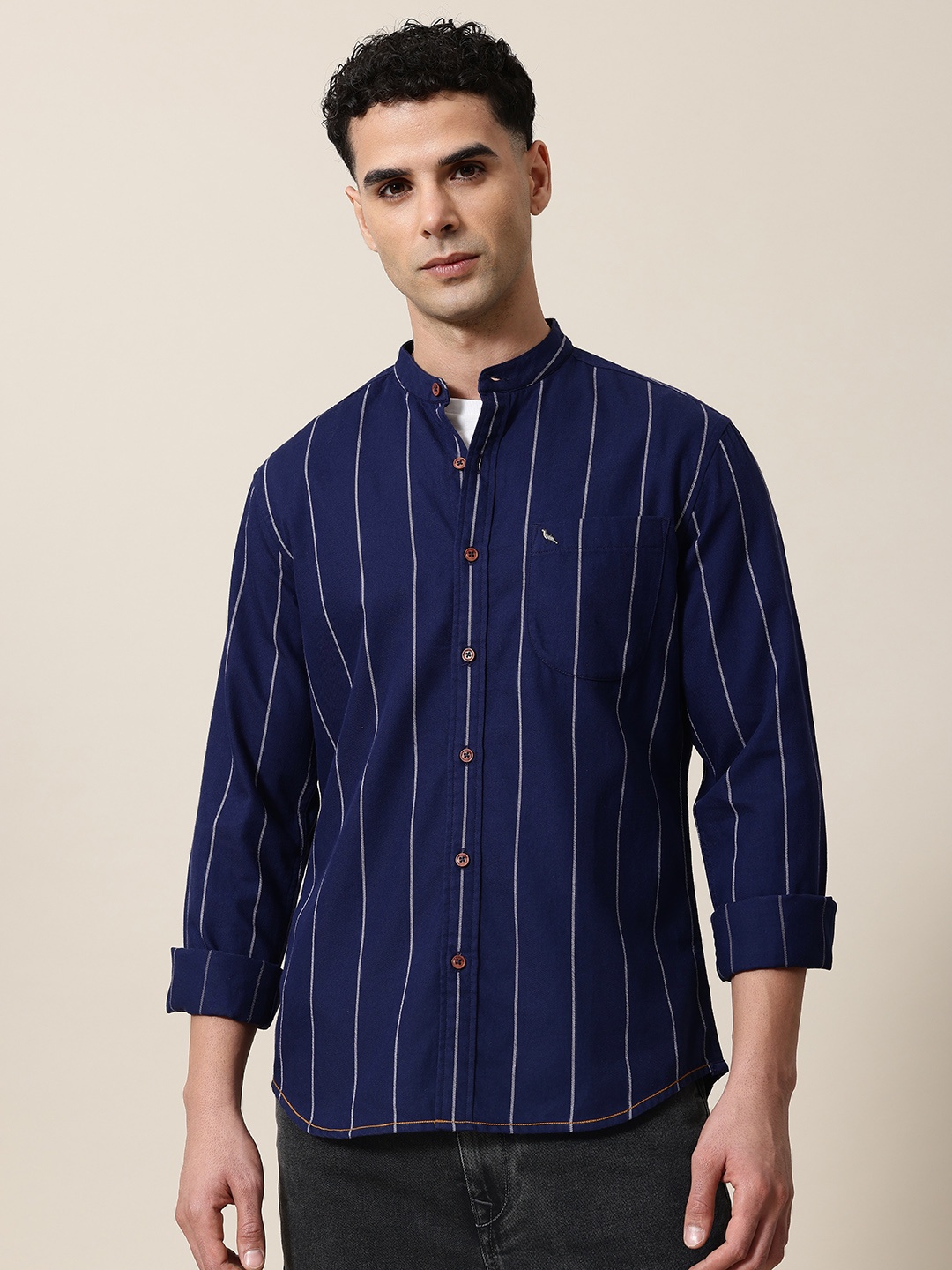 

Mr Bowerbird Men Premium Tailored Fit Striped Pure Cotton Casual Shirt, Navy blue