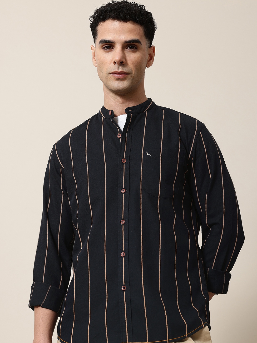 

Mr Bowerbird Men Premium Tailored Fit Striped Pure Cotton Casual Shirt, Black
