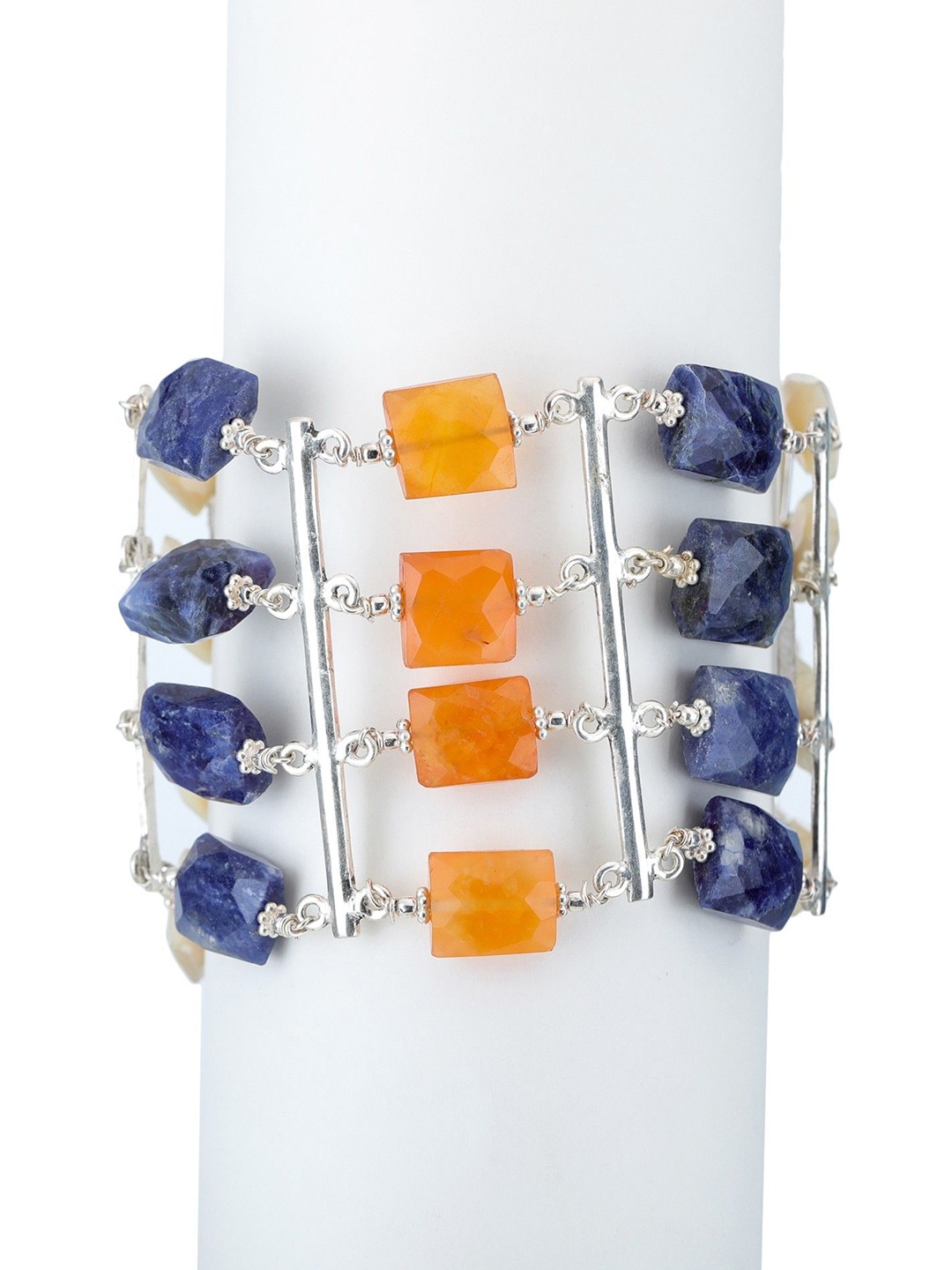 

Exotic India Square Lapis Lazuli Carnelian Gemstone Sterling Silver Bracelet